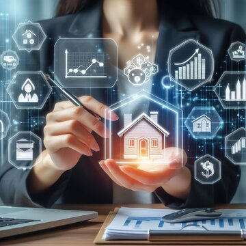 Real estate investment concept. Person showing house icon and growth graph on virtual screen. 
Analyzing mortgage loan home and insurance real property mortgage. interest rate, Investment planning.
