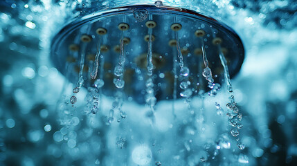 Shower head and falling water drops.