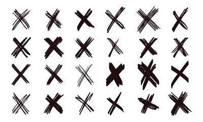 Strikethroughs and scribbles. 45 randomly drawn squiggles and doodles. Vector set of handwritten crosses