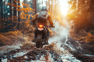 back of male motorcyclist on a sport enduro motorcycle races on dirty forest road at sunset in summer - obrazy, fototapety, plakaty