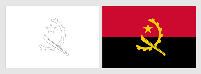 Angola flag - coloring page. Set of white wireframe thin black outline flag and original colored flag.