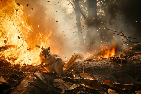 Squarrel escaping a forest fire. Concept of forest fire danger.