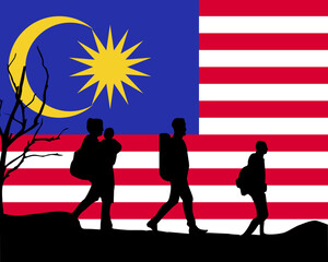 Immigration and refugees front of Malaysia flag, immigrant and refugee concept