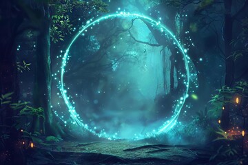 Glowing Magical Portal in Shape of Circle, Mystical Dark Forest with Shimmering Lights, Fantasy Gateway Illustration