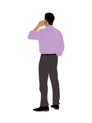 Business man standing full length rear view, talking by phone. Handsome guy in smart casual office outfit from behind, turned back. Vector illustration isolated on transparent background.