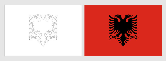 Albania flag - coloring page. Set of white wireframe thin black outline flag and original colored flag.