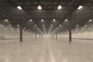 Expansive Industrial Warehouse Interior Illuminated by Overhead Lights