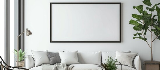 A black rectangular picture frame with a blank paper on a white wall is available for you to showcase your image in. It adds a modern touch to your apartment's interior decor. - obrazy, fototapety, plakaty