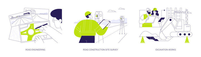 Road construction process abstract concept vector illustrations.
