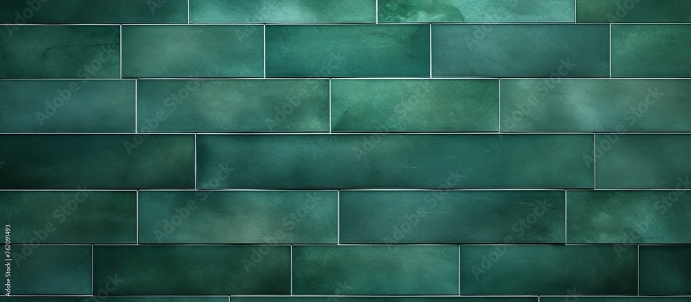 Poster a close up of a rectangular grey brick wall with hints of electric blue tiles, showcasing a symmetri