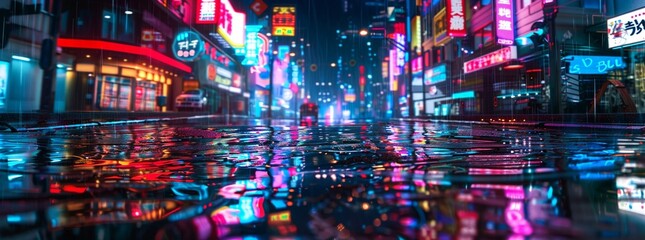 Cyberpunk cityscape at dusk, neon lights, low-angle, vivid colors, reflecting off wet streets, 