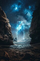 Cosmic portal opening in night sky, wide angle, surreal, starry, professional color grading, - obrazy, fototapety, plakaty