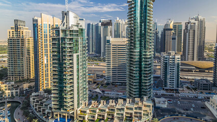 Aerial view timelapse of Dubai Marina at day time in Dubai, UAE