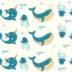 Trend whale, narwhal and jellyfish. Doodle boho style. Design for kids. Vector illustration t-shirt print - 767091478