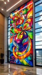 A vibrant clear mural of diverse cultural motifs adorning the lobby of a modern office building