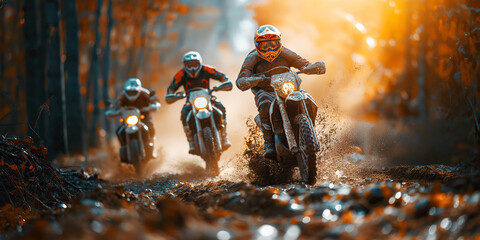 motorcycle racers on sports enduro motorcycles in an off-road race riding on muddy road in forest
