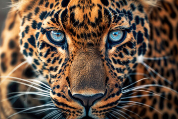 A close-up portrait capturing the intense gaze of a majestic leopard - obrazy, fototapety, plakaty
