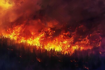 Intense forest fire raging out of control, dangerous wildfire, digital painting illustration - obrazy, fototapety, plakaty