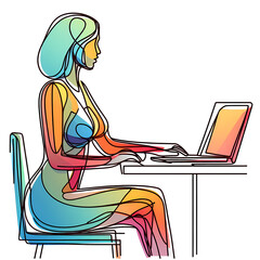Pretty businesswoman working on notebook, colorful line art drawing on white background