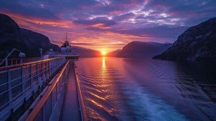 Midnight sun seen from a cruise ship in the sea - obrazy, fototapety, plakaty