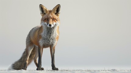 A majestic red fox stands tall on the snow-covered tundra, its keen eyes scanning the horizon for prey. Its luxurious fur glistens in the sunlight. - obrazy, fototapety, plakaty