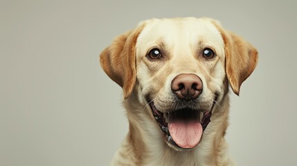 A studio shot of an adorable young Labrador Retriever with a happy expression on its face. - obrazy, fototapety, plakaty