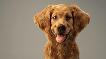 A studio shot of an adorable golden retriever puppy with a happy expression on its face.