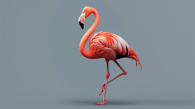 A beautiful flamingo stands on one leg in a graceful pose. Its pink feathers are ruffled in the wind, and its long, thin neck is curved downward.