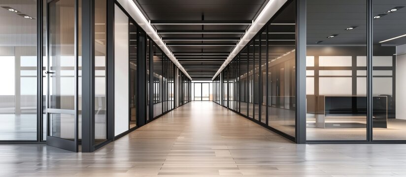 A showing a series of meeting rooms with glass walls and black doors in a lengthy corridor, symbolizing communication. Image is color-tinted.