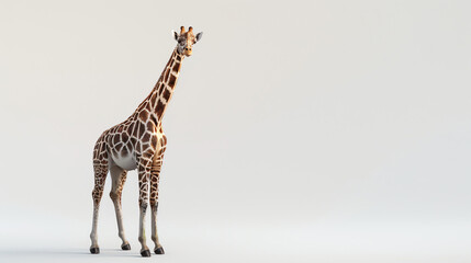 Image description: A tall giraffe stands on a white background. The giraffe is looking at the camera with a slightly angled neck.