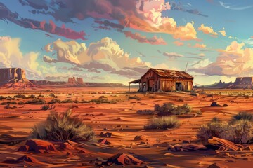 Lone Desert Outpost Shelter in Vast Arid Landscape, Dramatic Concept Illustration - obrazy, fototapety, plakaty