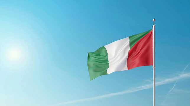 A beautiful flag of Italy waving in the wind against a bright blue sky. The flag is a symbol of the country's rich history and culture.