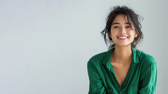 Asian woman wearing green shirt smiling laugh out loud isolated on grey