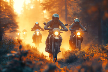 motorcycle bikers racers on sports enduro motorcycles in off-road race rally riding on road in forest at sunset - obrazy, fototapety, plakaty