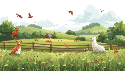 Fototapeten 動物がいる農場のシーン。牧草地に幸せな国内の鳥や動物がいる漫画の農場風景。牧場の納屋とフェンスの背景。ベクトル構成 © aura