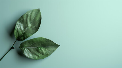 Two green leaves with a visible leaf texture on a solid pastel green background. - obrazy, fototapety, plakaty