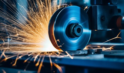 A closeup of an aluminum spool turning on the lathe, with sparks flying around it in blue and white tones. The background is dark and blurred, creating depth. - obrazy, fototapety, plakaty