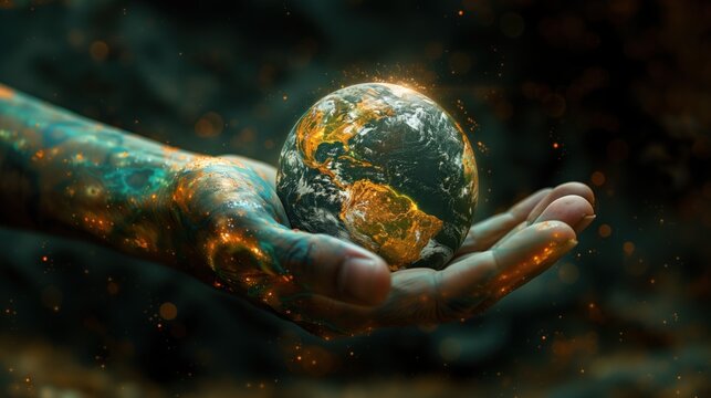 Hands decorated with tattoos of turtles and fish. and the atmosphere simulates the image of the Earth and holds the Earth image model