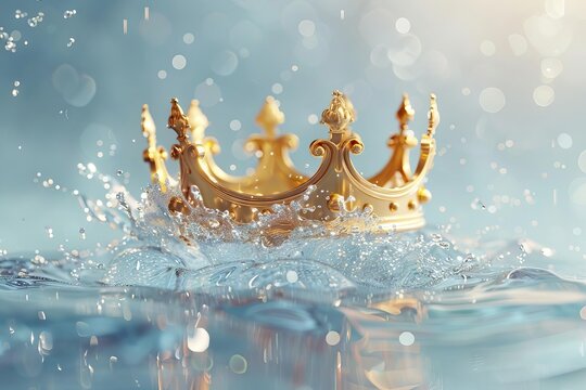 Majestic golden crown floating in a crystal-clear background, 3D illustration