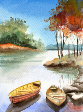 Watercolor illustration of two wooden fisher boats near river banks with some trees (This illustration was drawn by hand without the use of generative AI!)