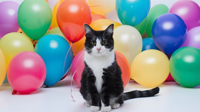 Black and white cat at colorful balloon party, white background