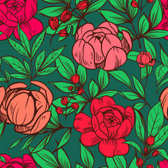 Peonies flowers. Vector floral seamless pattern. - obrazy, fototapety, plakaty