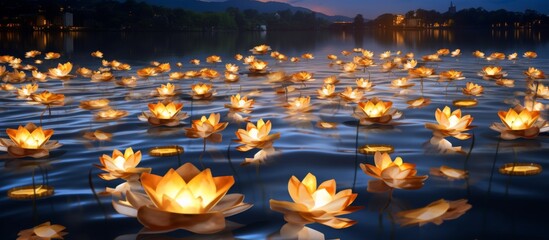 A serene natural landscape with lotus flowers floating in the water at night, creating a peaceful and beautiful scene reminiscent of an artistic painting - Powered by Adobe