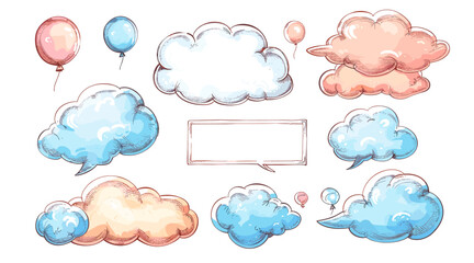 空の吹き出し。メッセージ用の漫画のテキスト ボックス、漫画の白いトーク ステッカー。スピーカーのコメントを落書き。分離された文字のバルーンと雲の要素。ベクトルを設定