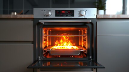 Modern oven with open door and bright flames inside.