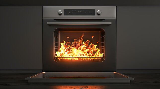 A modern oven with an open door and flames coming out. The oven is made of stainless steel and has a black glass control panel.