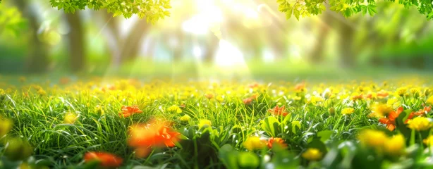 Deurstickers Summer Spring nature background. Multicolored flowers on the Juicy green grass field under a soft morning sunshine. © Valeriy