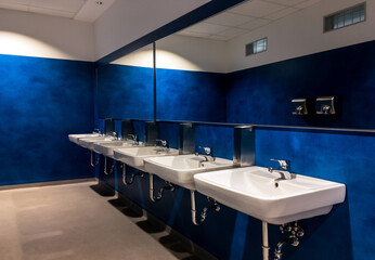 Six wash-basins in modern blue restroom with large mirrors