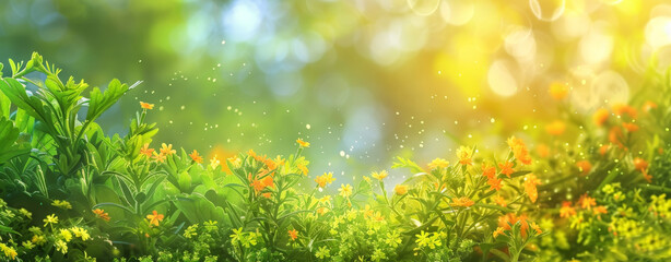 Summer Spring nature background. Multicolored flowers on the Juicy green grass field under a soft morning sunshine.
