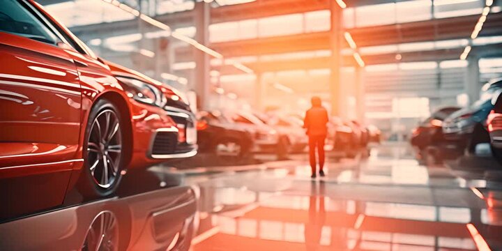 Blurred car parked in luxury showroom. Car dealership office. New car parked in modern showroom. Automobile leasing and insurance background. 4K Video